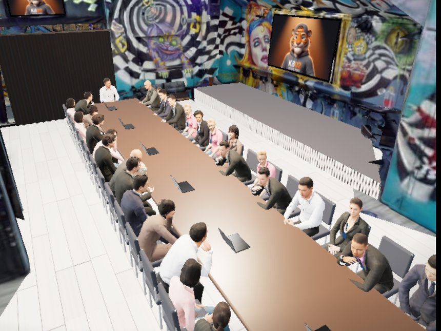 The main hall in the 3D planner, set as one boardroom table for 32