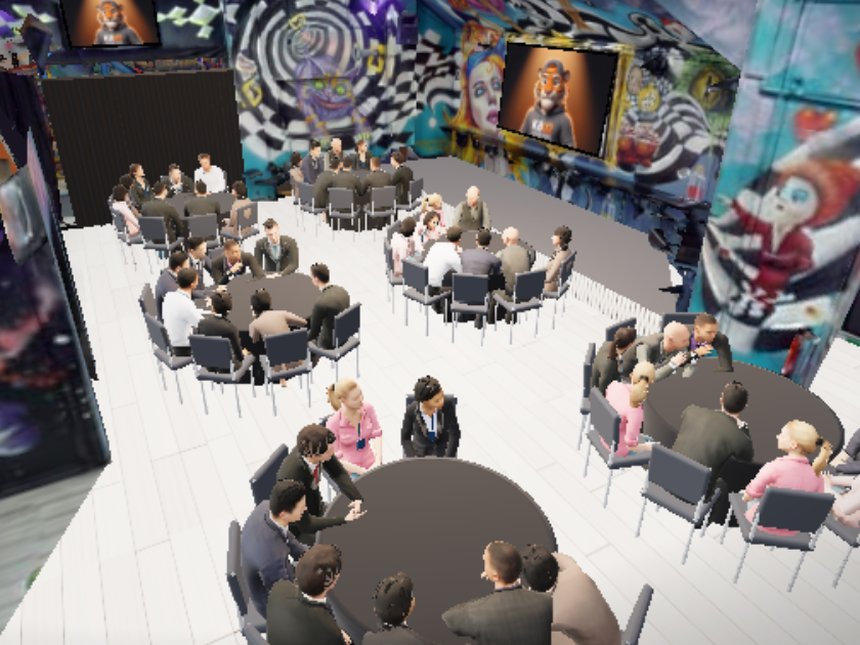 The main hall in the 3D planner, set as round tables for 48