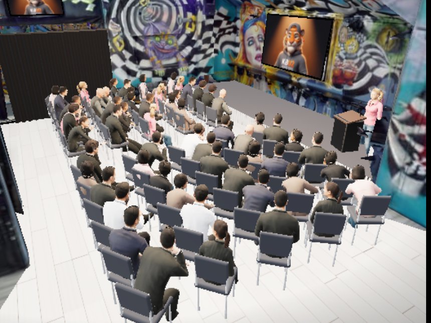The main hall in the 3D planner, set as theatre rows for 60