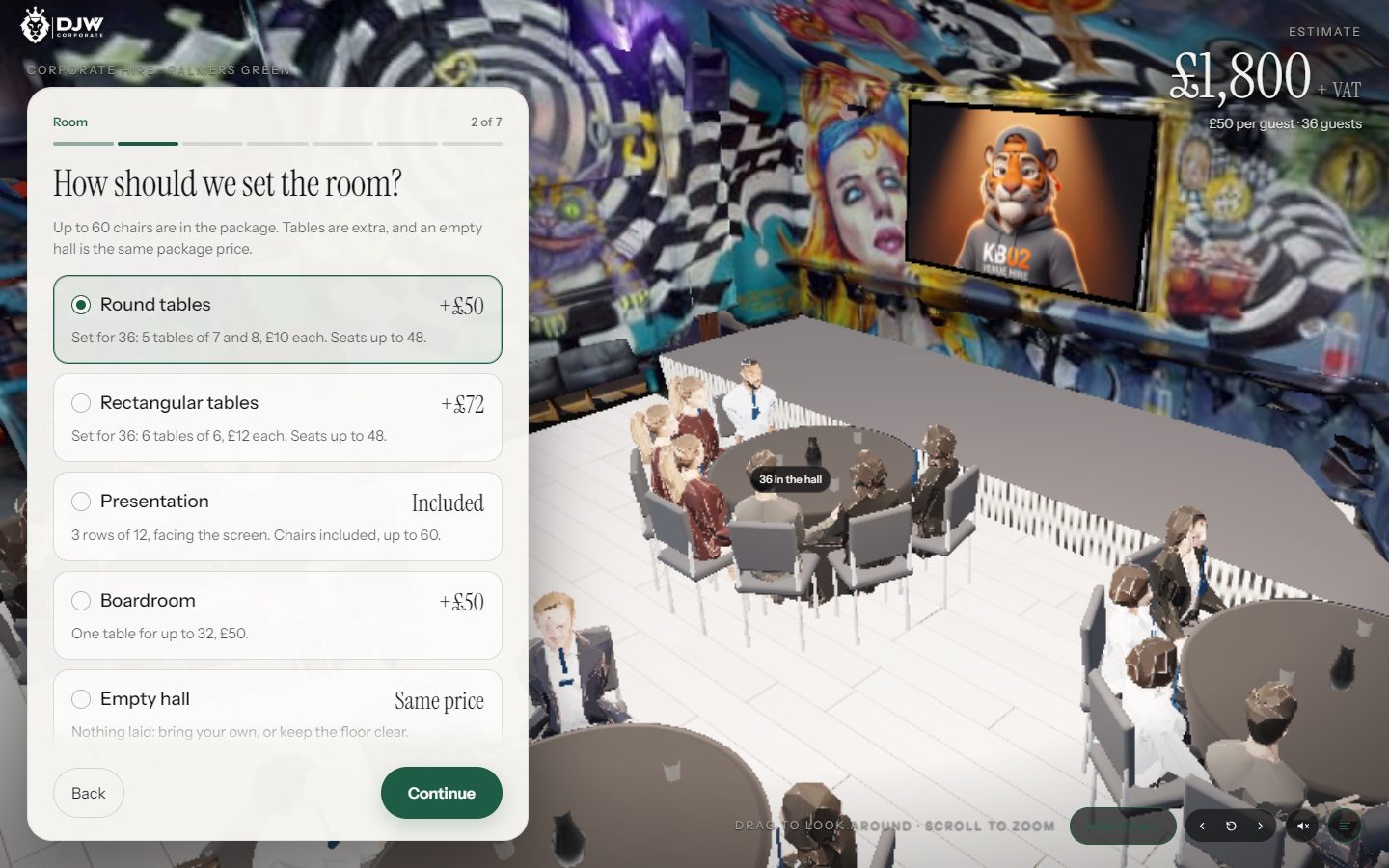 The planner: a choice of room settings on the left and the hall in 3D on the right, laid with round tables and people